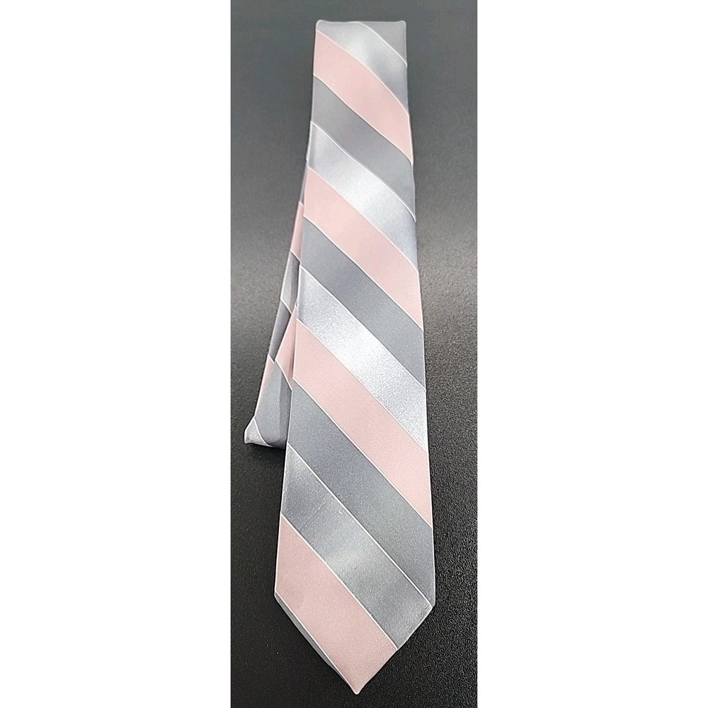Mens‎ Vintage Ambassador Neck Tie Silk Blend Gray White Pink Silver Striped